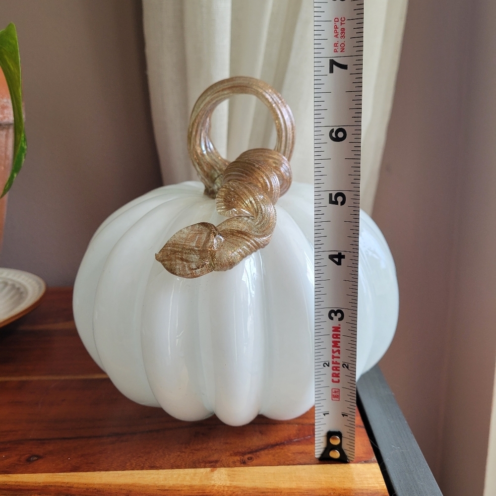 Hand Blown Glass Glossy Pumpkin: White , Gold Leaves Fall Decor Autumn - Picture 6 of 9